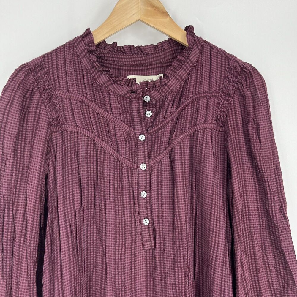 LOFT Dress Size Medium Maroon Check Ruffle Prairie Pleated Button Drop Waist - Picture 2 of 8
